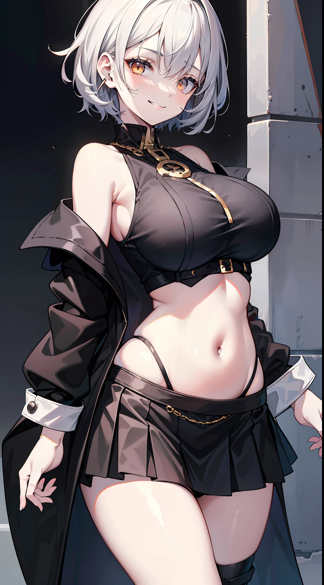 young girl, short black and white hair, golden eyes, smirk, big breastes, Goth's clothes, open breasts, open belly, Sleeveless, short skirt, stocklings, Masterpiece, hiquality, 4k, HD, Good detail