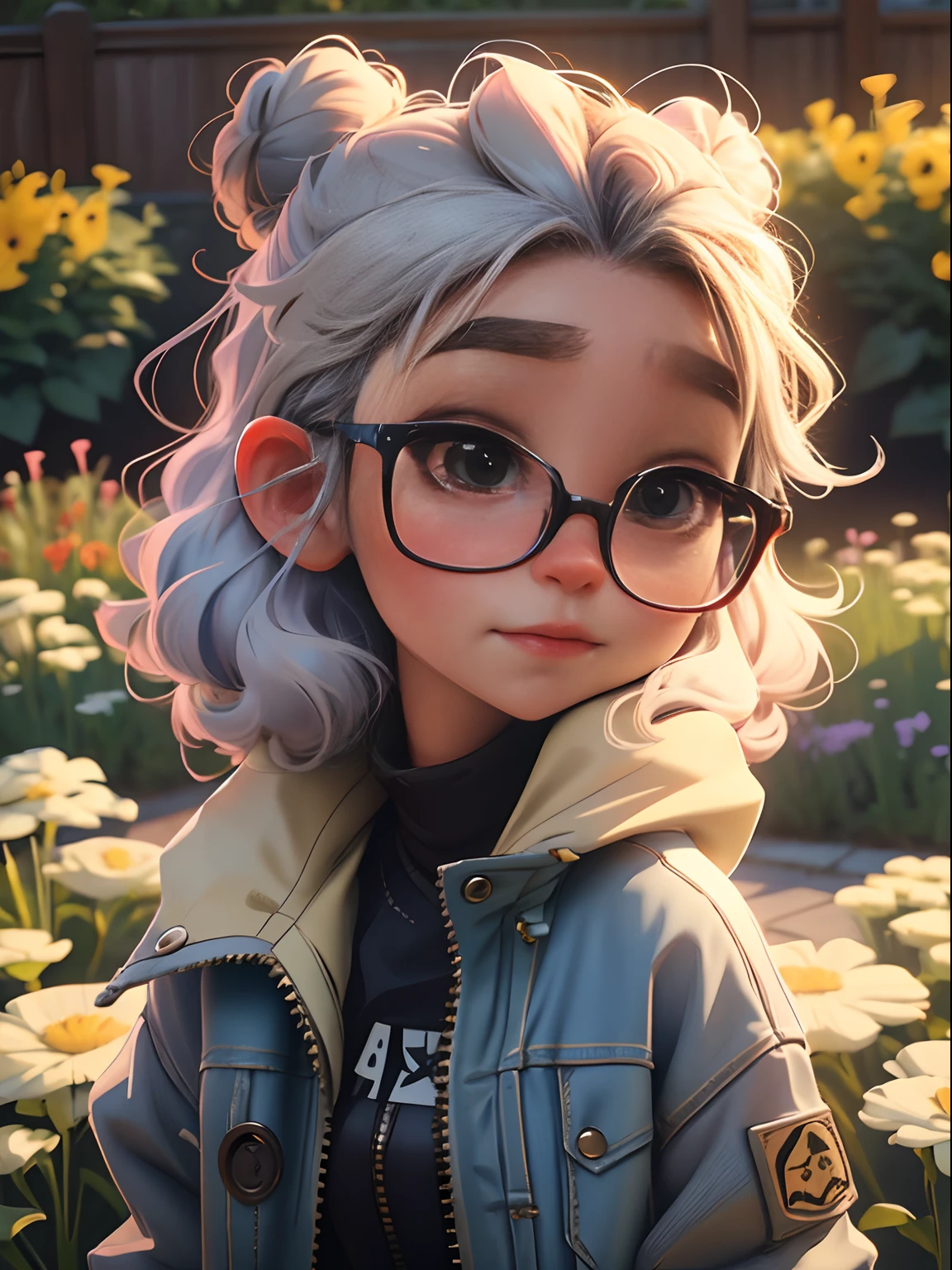 Loli Girl, , beautiful lovely, bun hairstyle, Light-colored hair，Wear glasses，Wear a dark jacket, chibiStyle, Perfect detail for the eye, delicated face, CG perfeita, High-definition image quality, Beautiful garden，In the daytime，Bright rainbow-colored landscape，plethora of colors，