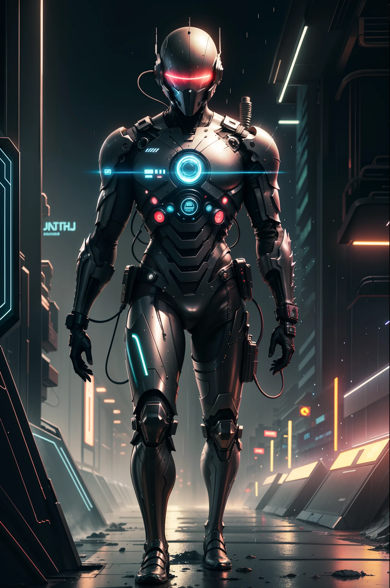 imagine prompt: He stood at the edge of a futuristic city skyline, neon lights reflecting off his sleek, metallic suit, rain pouring down, creating a cyberpunk ambiance, Illustration, digital art with a focus on neon accents, --ar 16:9 --v 5