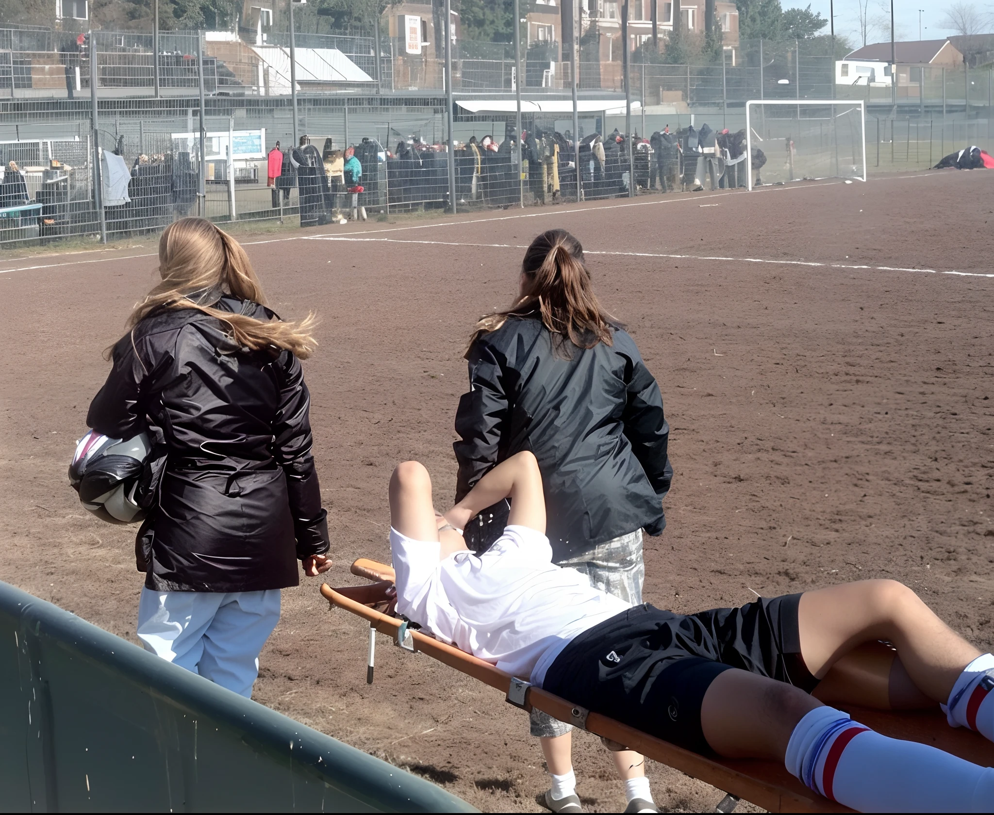 There is a man lying on his back on a stretcher with his hands grabbing his hurting leg, a man in a t-shirt and sports shorts has put his hands on his injured leg, the man has an agonised face looking to the sky, two horny looking longhaired and ponytailed women that are wearing very shiny coats, there are longhaired women with horny faces wearing laquered puffy coats, longhaired women are walking in wetlook puffy coats, several women walking around a football field with an injured athlete on a stretcher, the injured athlete on the stretcher is grabbing his injured leg with both hands, the women look very worried, behind the women there is a frightening atmosphere, there is heavy rainfall in the background, video still, behind the scenes, pity, china, erotic, horny, drama, women in shiny coats are carrying a man on a stretcher in a field, football hooligans, over-shoulder shot, on a soccer field, very sad, sad scene, realistic scene, injured, on the field, photo taken from behind, over the shoulder shot, looking partly to the left, on a football field, realistic shot