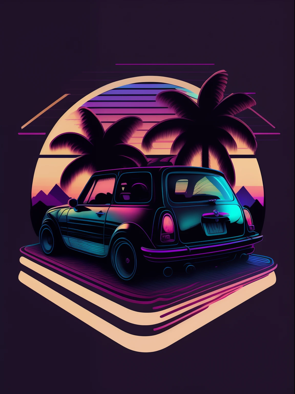 Mini Cooper before sunset, vaporwave style, Neon style, Soft lines, Vector sticker art, Vector cores, intricately details, Black T-shirt design, 8K