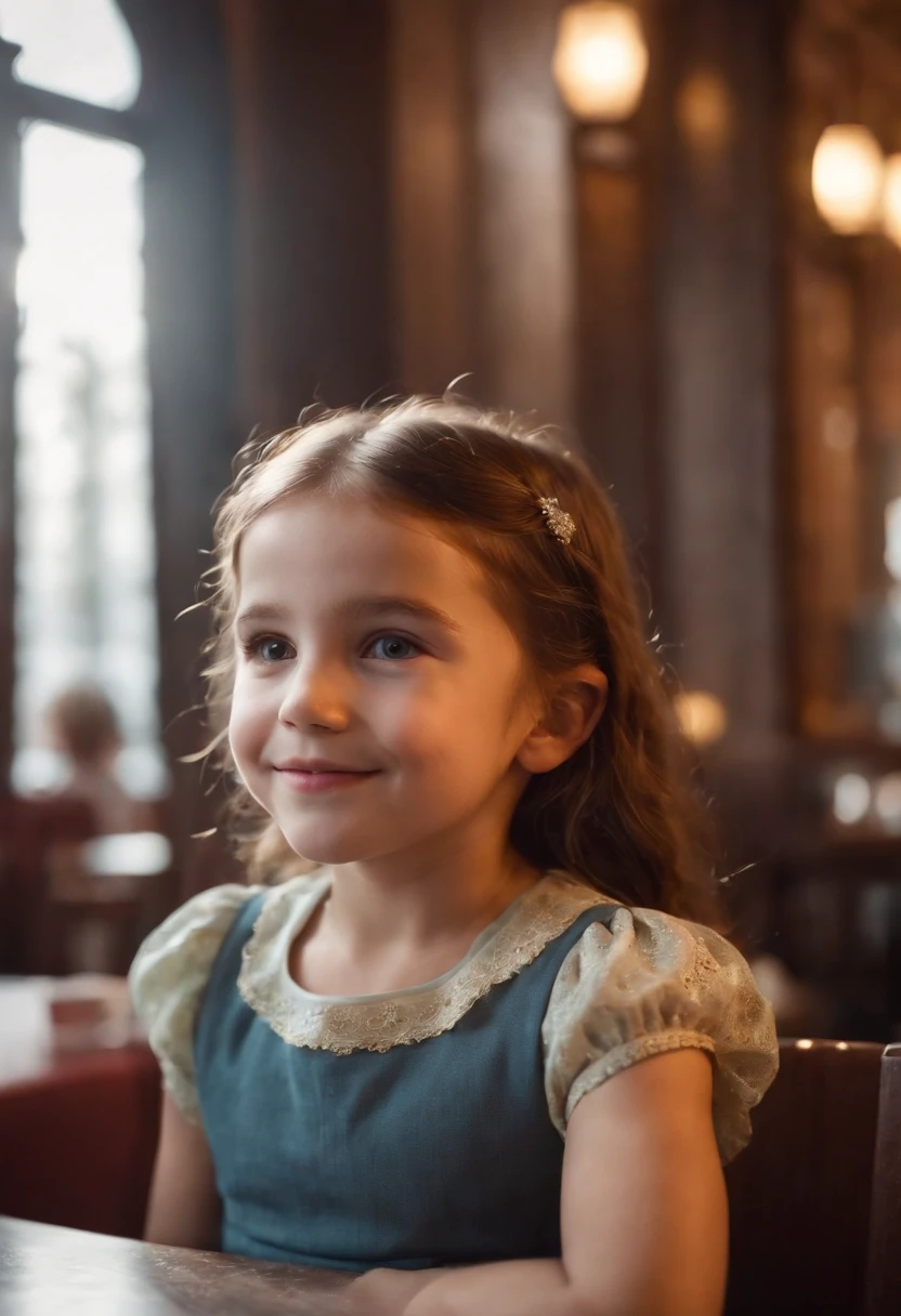 happy  girl in retro restaurant, back lighting, medium shot, high quality photo.