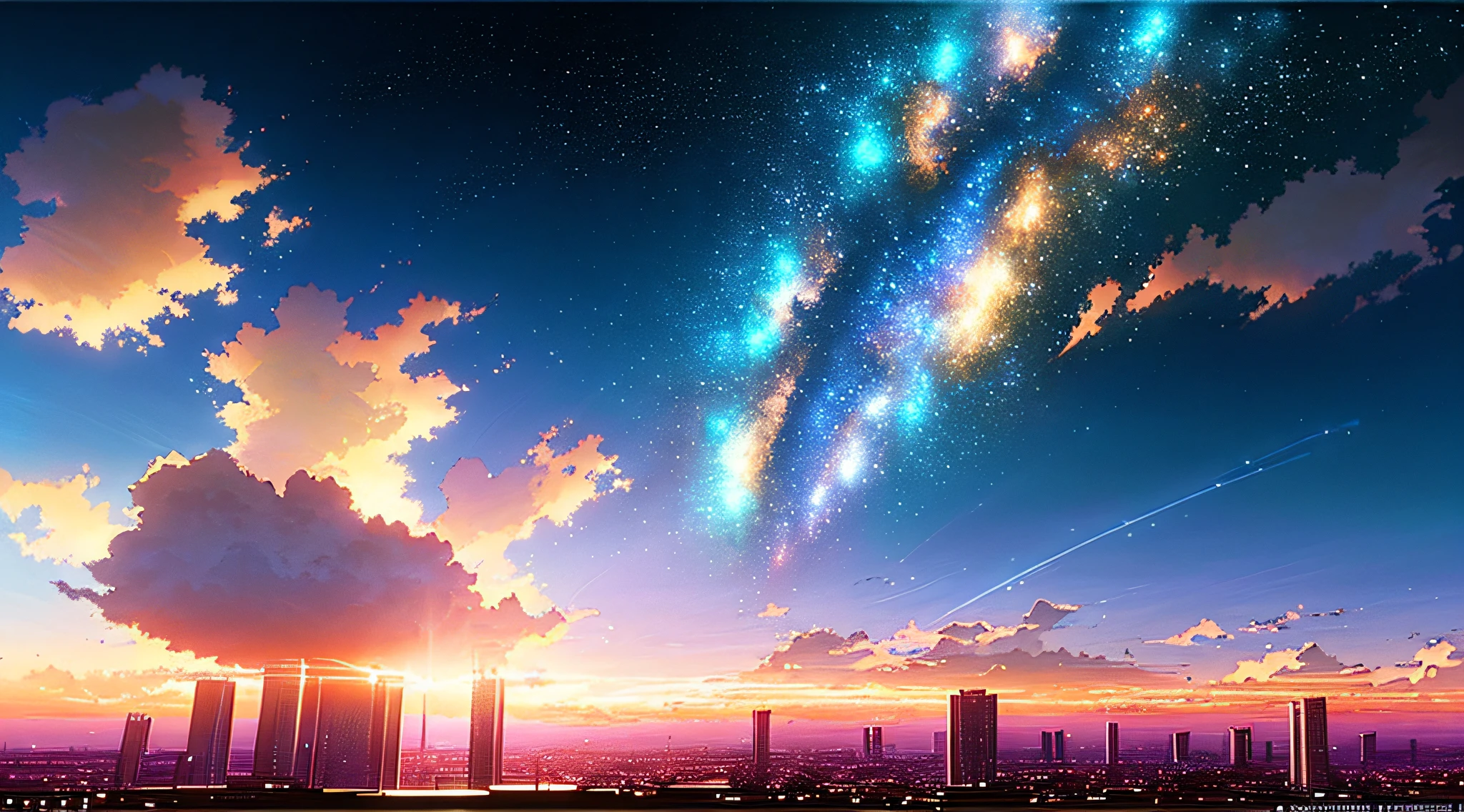 Summer, Makoto Shinkai&#39;s concept art, tumblr, magic realism, beautiful anime scenes, beautiful skies. by makoto shinkai, ( ( makoto shinkai ) ), anime background art, anime backgrounds, Makoto Shinkai&#39;s style, anime movie backgrounds, galaxy express, no humans. --v6