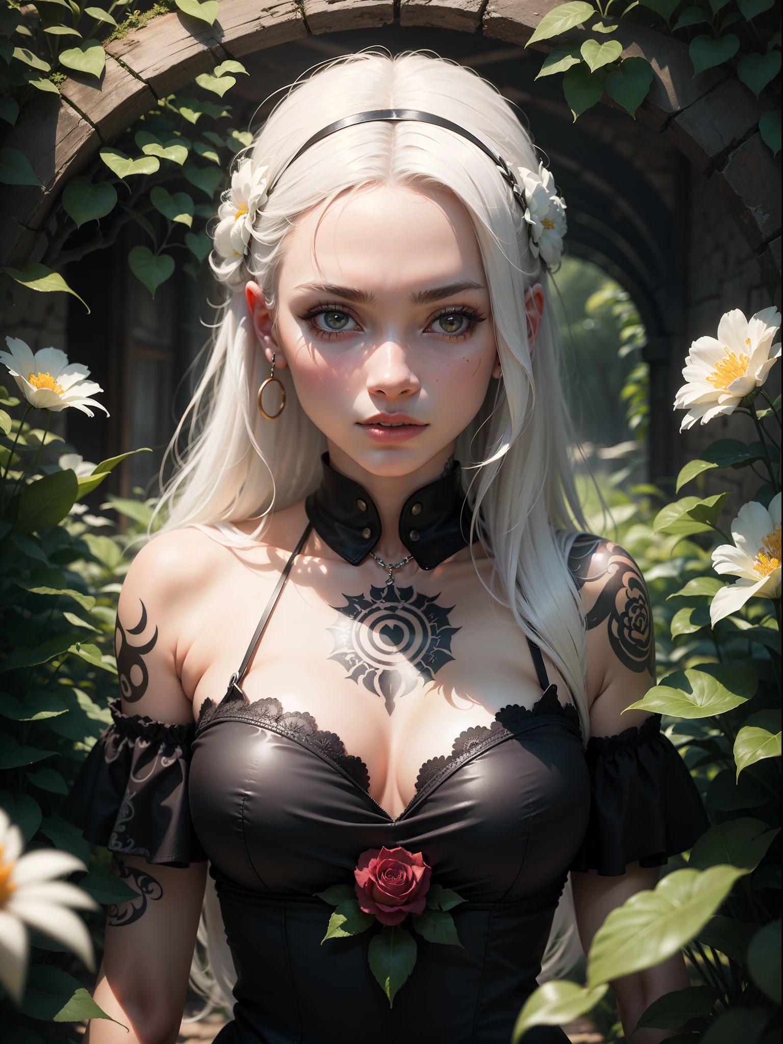 1girl, solo, white_hair, tattoos, grotto, verdant, flowers, beautiful, idyllic, sublime, absurdres, hyper-realism, textured, maximum_detail, dslr