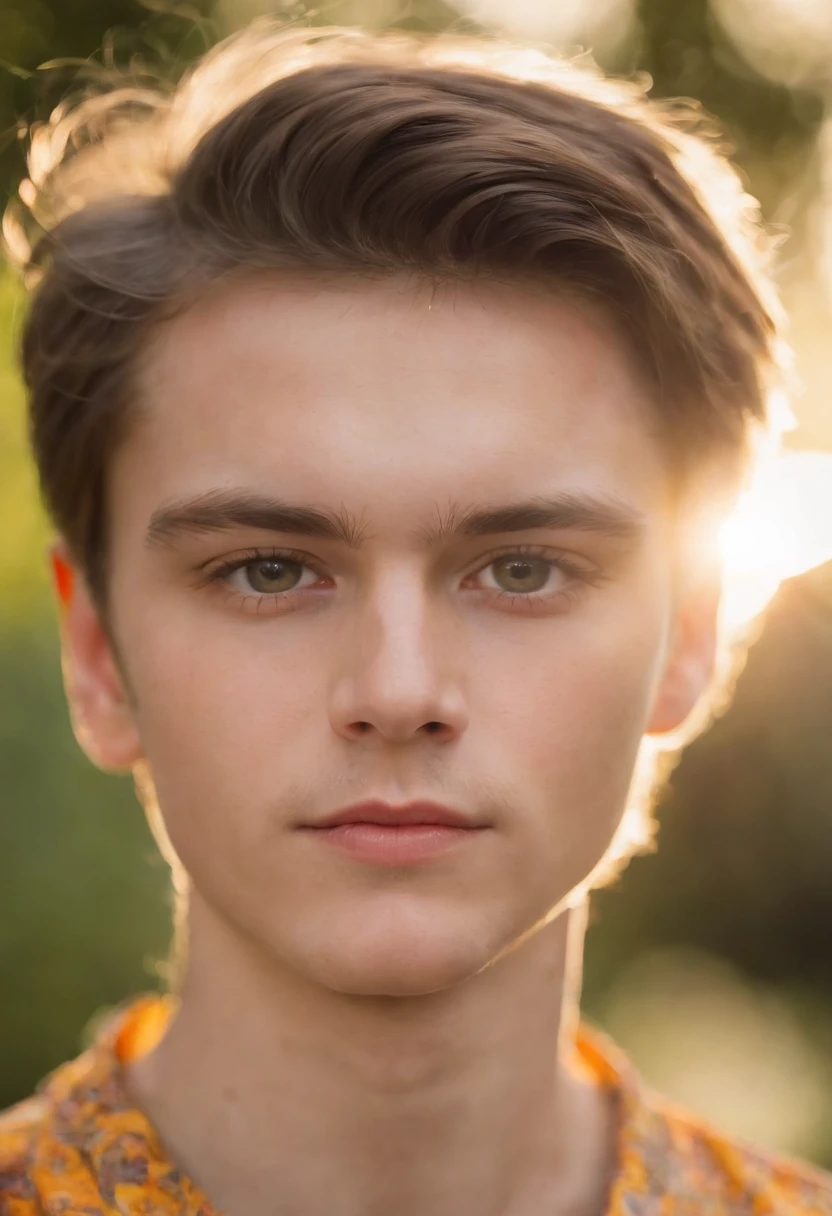 a boy with a bright shirt looking at the sun, in the style of psychedelic portraiture, light navy and light amber, stockphoto, cut/ripped, distinct facial features, glimmering light effects, bauhaus