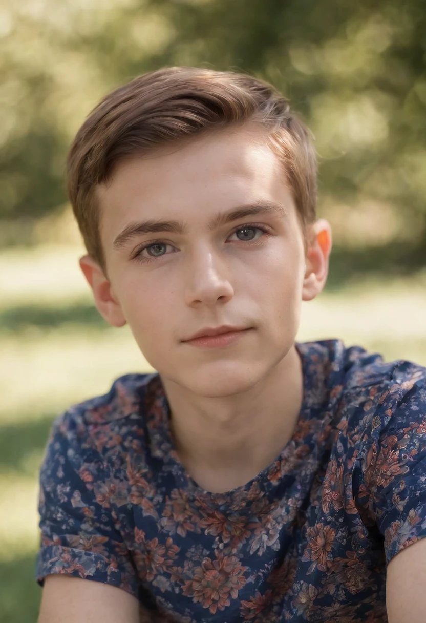 a boy with a bright shirt looking at the sun, in the style of psychedelic portraiture, light navy and light amber, stockphoto, cut/ripped, distinct facial features, glimmering light effects, bauhaus