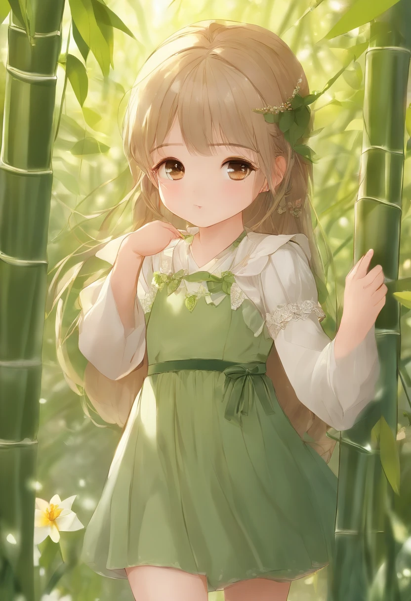 Warm daylight, tender green bamboo shoots, tender green willow branches, grass, standing spring, yellow spring flowers, wearing skirt, masterpiece,Girl Leaves Wind and Sunshine Little Girlece,top Quority,best qualtiy,offcial art,Beauty and aesthetics:1.2),(1girl),Extremely detailed,(s fractal art:1.3),extremely colorful, style of anime4 K, Guviz-style artwork, Beautiful character painting, Beautiful digital artwork, A beautiful artwork illustration, a beautiful anime portrait, in the art style of bowater,
