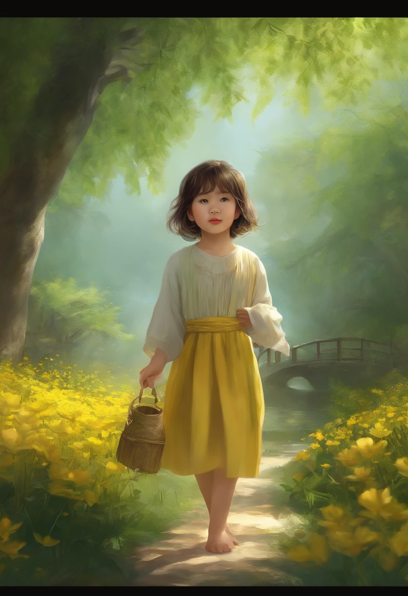 Warm daylight, tender green bamboo shoots, tender green willow branches, grass, standing spring, yellow spring flowers, girl wearing skirt, masterpiece,Girl Leaves Wind and Sunshine Little(tmasterpiece,top Quority,best qualtiy,offcial art,Beauty and aesthetics:1.2),(1girl),Extremely detailed,(s fractal art:1.3),extremely colorful, style of anime4 K, Guviz-style artwork, Beautiful character painting, Beautiful digital artwork, A beautiful artwork illustration, a beautiful anime portrait, in the art style of bowater,