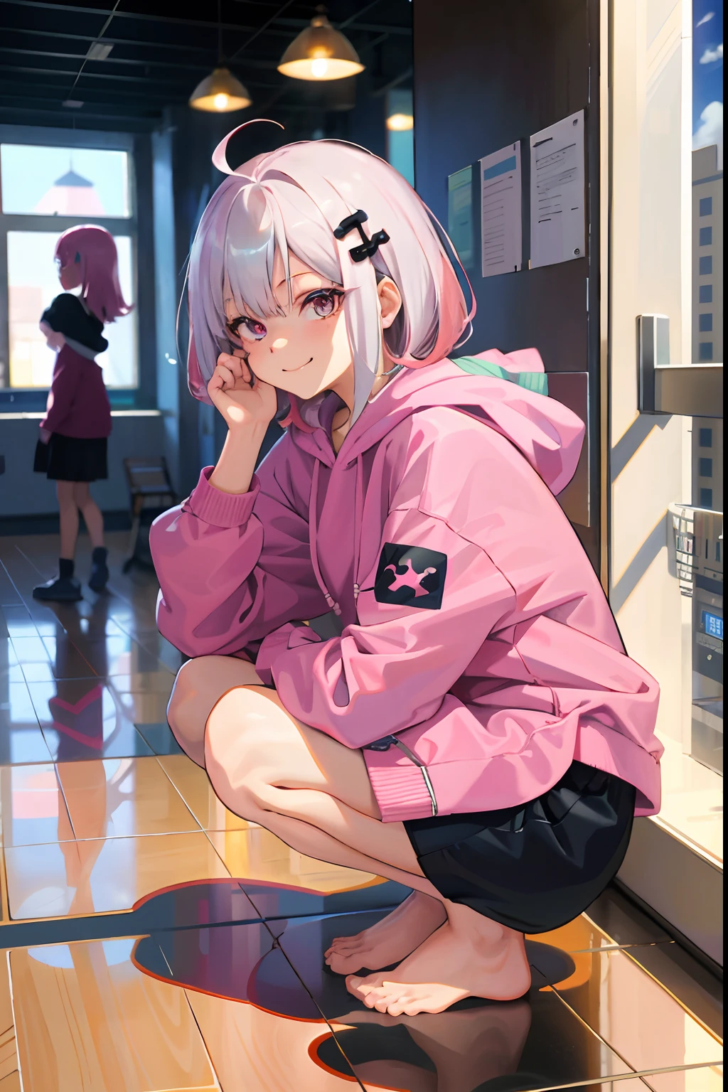 masutepiece, High quality, High resolution, Absurd, Super fine, 8K, 1girl in, Platinum Gray Hair, Pink hair, gaze at the audience, Hazel Eye, colorful hoodie, inside in room, (floor-to-ceiling window background: 1.15), Selfie, Cross hair ornament, Smiling embarrassedly, squatting, pack, against a wall, Bangs, Shadow, reflection