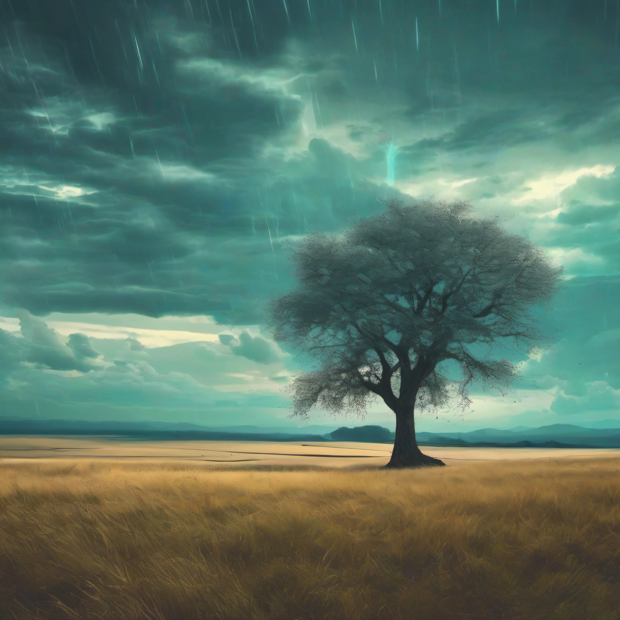 In vexel art style create the image of a lonely tree standing in the middle of prairee, under an ominous looking sky with low contrast cyan hue. --seed 777, Ultra HD, photorealistic, 32k, --AR 16:9, --v 5.2, -- s 55, --CHaos 321
