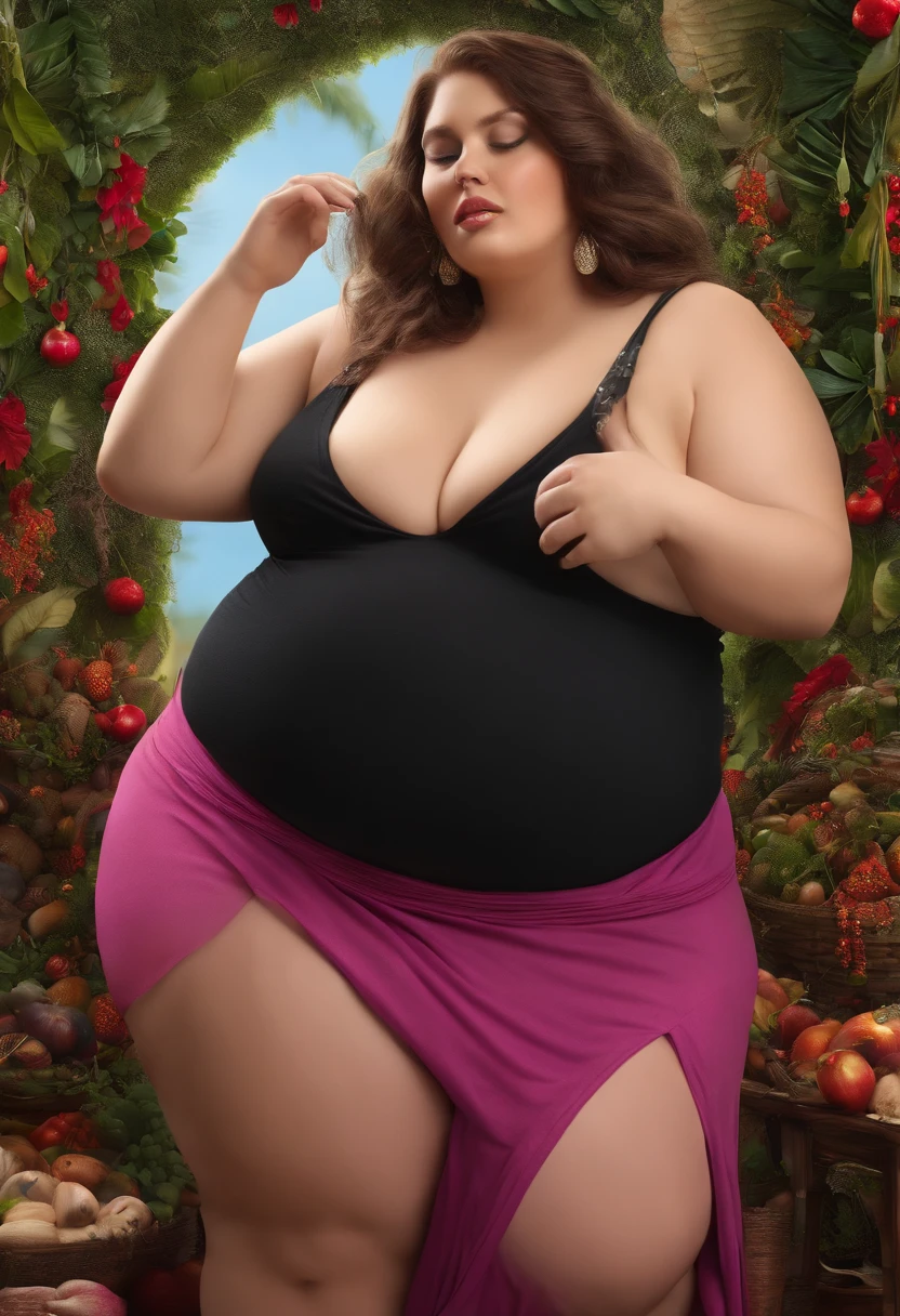 An obese glutton seeks to hide her belly under her clothing