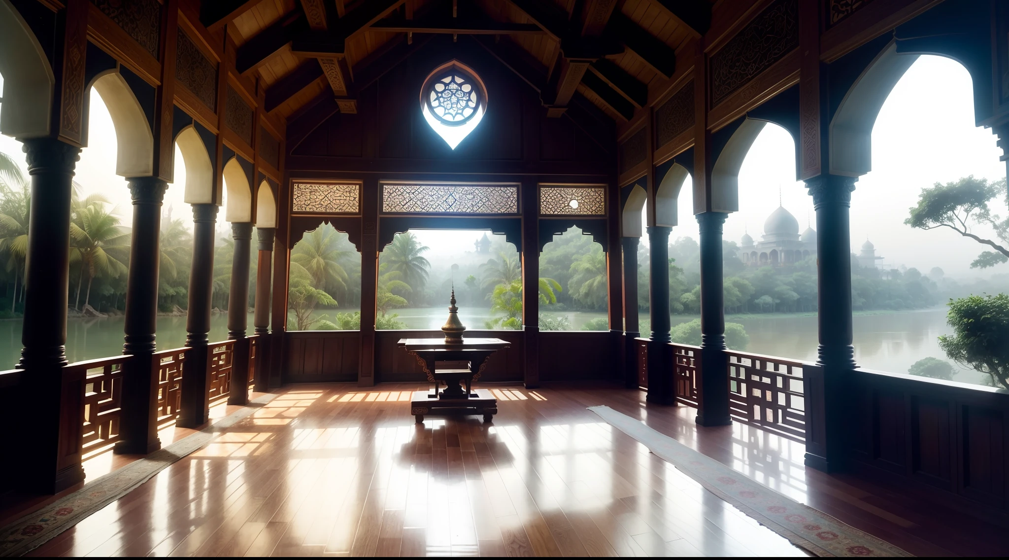 Hookah Room, Southeast Asia, 15th cenutry, medieval age, interior, mixture of muslim and indian and Southeast Asia budiling style, outside the mansion is Southeast Asia river jungle, muslim carpet, muslim element in architecture, Indo-Islamic architecture element in archiecture, humid and wet, wooden furniture, leisurement