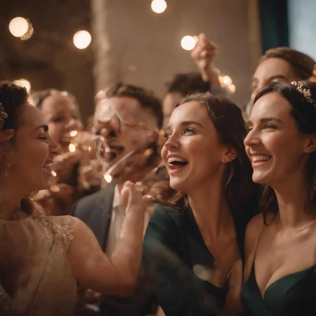 Capture the candid moments of the party, streamers, celebrating, joy，The two laughed