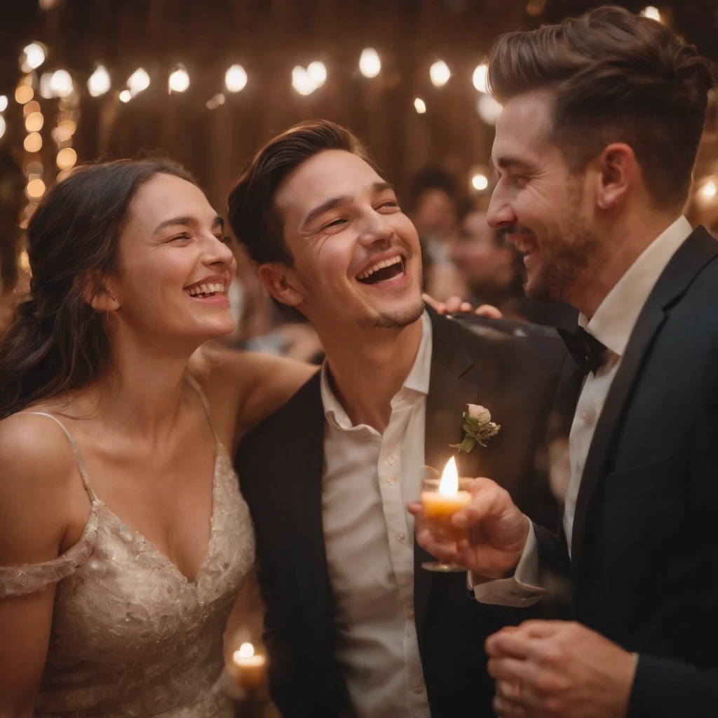 Capture the candid moments of the party, streamers, celebrating, joy,The two laughed