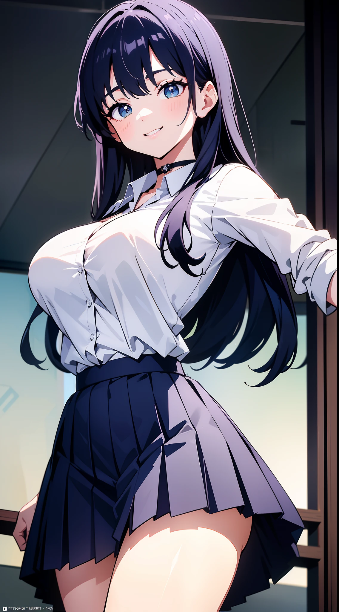 8k, highres, ultra detailed, (masterpiece:1.4), best quality, symmetrical body, (white shirt:1.4), (long dark Blue skirt:1.4), choker, provocative pose, cute, solo, long hair, dark purple hair, amber eyes, glow effect, finely eye, wide smile, grinning, detailed face, looking at viewer, smilling at viewer, at school, angled view, big breasts