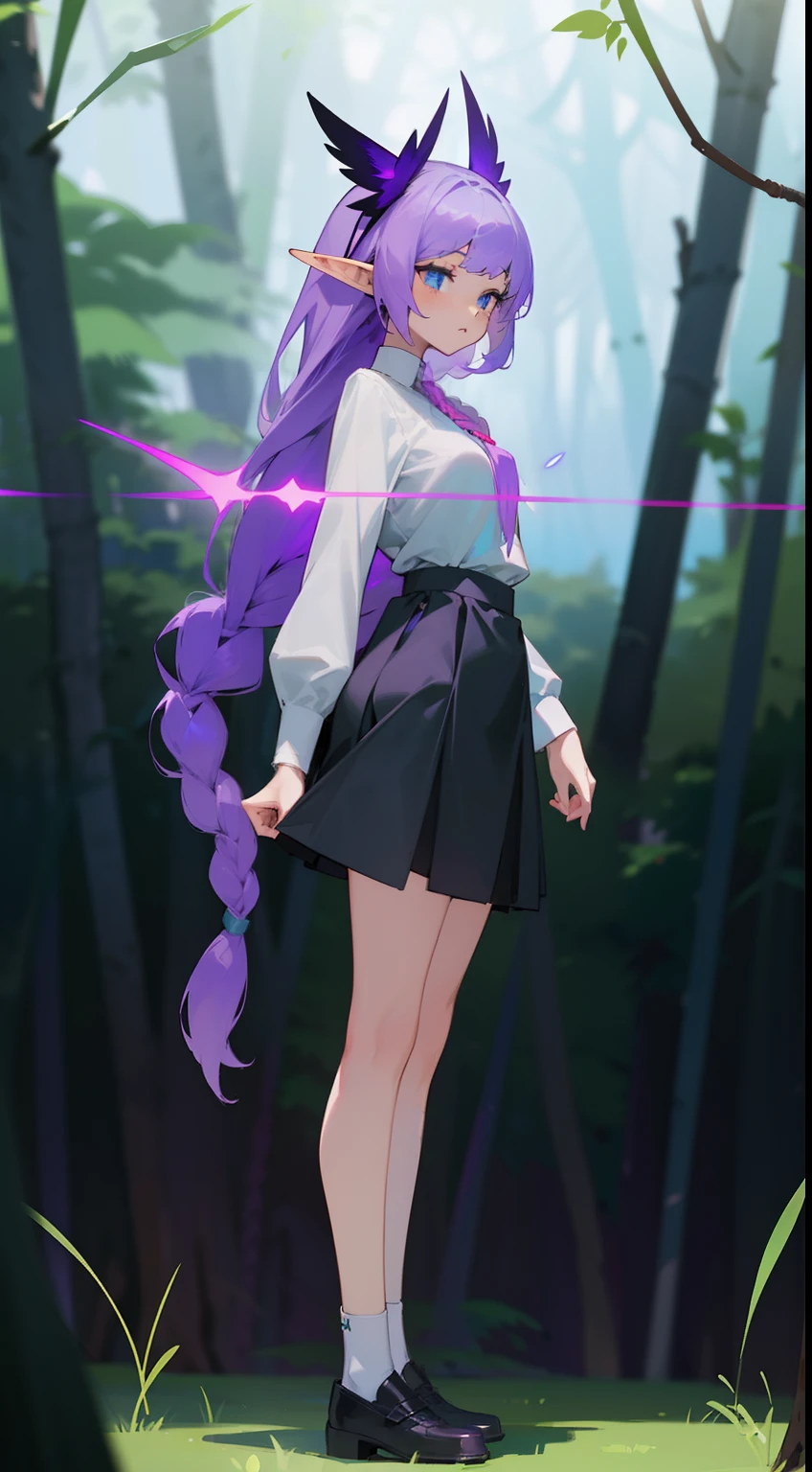 1girl,20s,solo,shy face,white shirt,black skirt,small tits,light purple hair,long hair,braided hair,4 purple luminous wing,blue eyes,,elves ears,(((standing in front of a forest)))