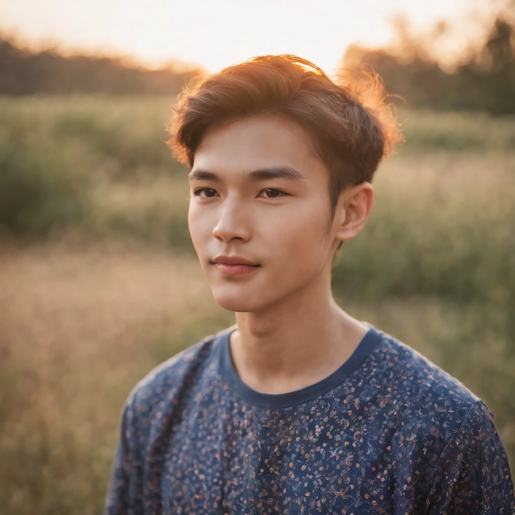 a boy with a bright shirt looking at the sun, in the style of psychedelic portraiture, light navy and light amber, stockphoto, cut/ripped, distinct facial features, glimmering light effects, bauhaus,fresh flowers,𝓡𝓸𝓶𝓪𝓷𝓽𝓲𝓬,rays of sunshine,Kaixing,grin