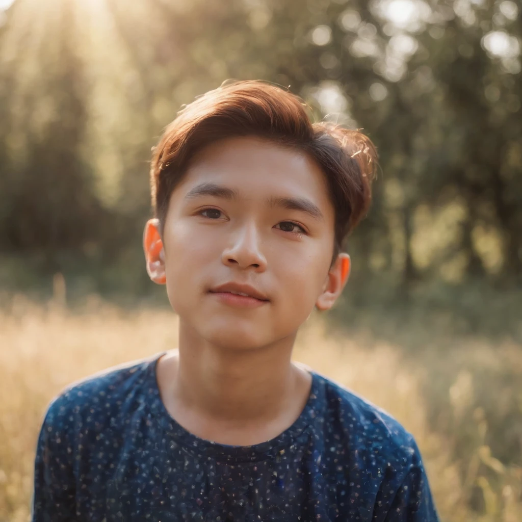 a boy with a bright shirt looking at the sun, in the style of psychedelic portraiture, light navy and light amber, stockphoto, cut/ripped, distinct facial features, glimmering light effects, bauhaus，fresh flowers，𝓡𝓸𝓶𝓪𝓷𝓽𝓲𝓬，rays of sunshine，Kaixing，grin