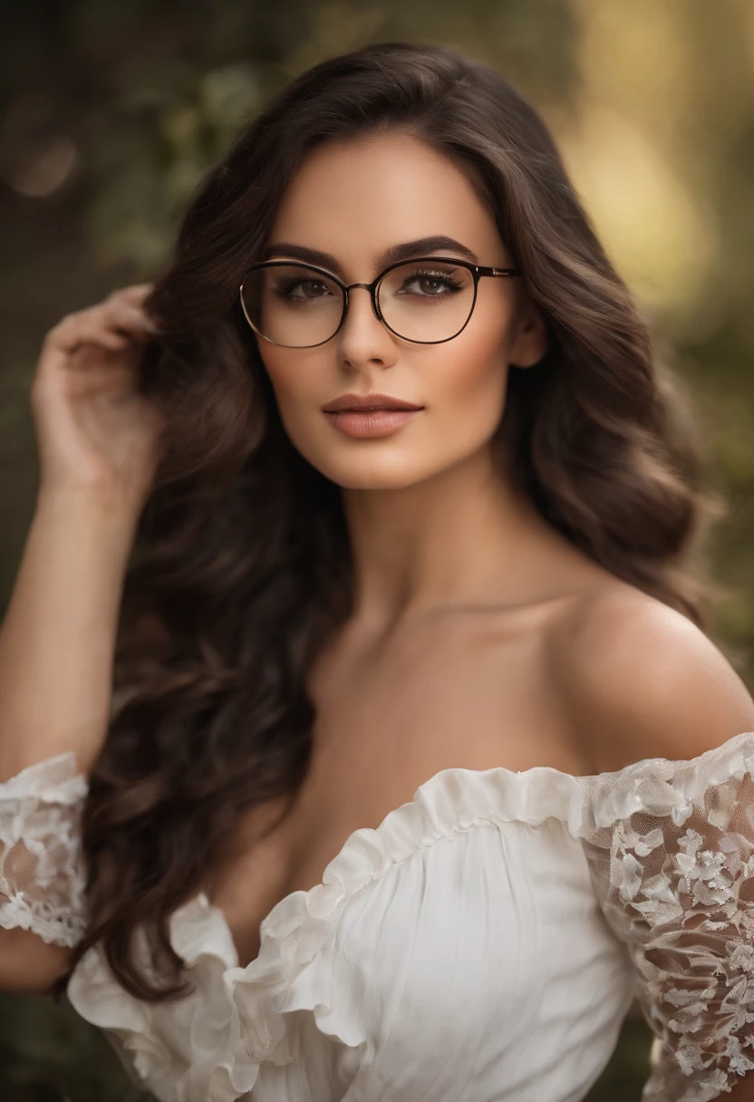 A pretty girl with dark, wavy hair and big, brown bambi eyes. Her figure is curvy, the 3/4 shot hinting at her perky b-cups. She's in her early twenties. She's wearing a ruffled blouse and a skirt, professional but not overly formal, and wears elegant, timeless glasses and natural-looking makeup. She looks like a classic girl-next-door; friendly and approachable, almost innocent. Image background should be against an academic backdrop.
