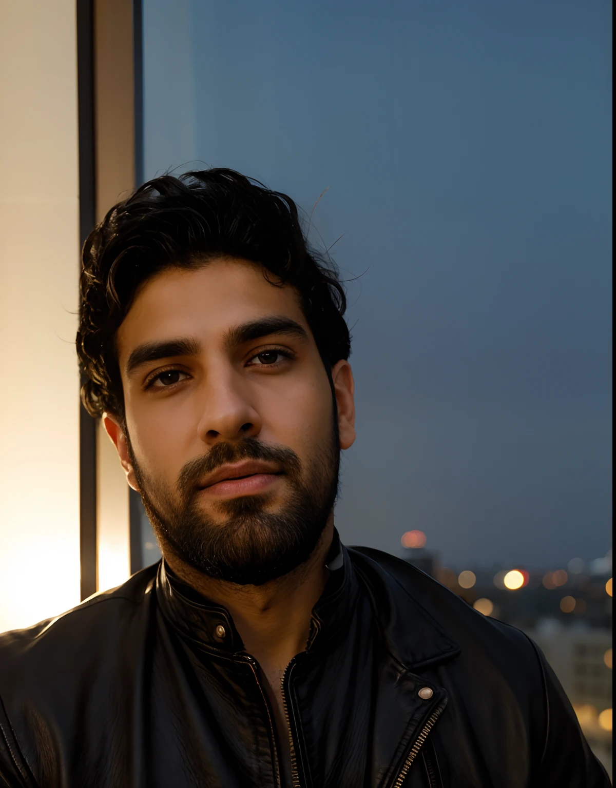 28 year old American middle eastern man, wearing leather jacket, in a hotel room, thick short black beard, short curly hair, round jawline, wide nose, cell phone quality image, low resolution image, grainy image, amateur quality, low quality, low bitrate, skin details on face, rough face, ISO 1600, shutter at 1/30, good lighting, good exposure, hotel room background