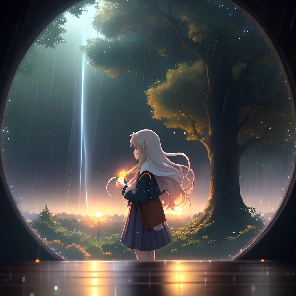 Anime girl with long hair and Ethereum hair, beautiful anime artwork, style of anime4 K, anime art wallpaper 4k,rainy day，windows，the woods，rain drops