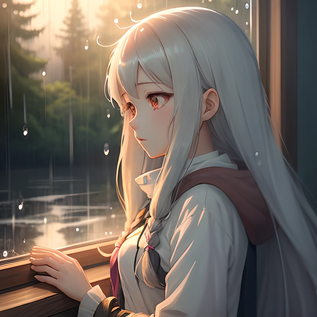 Anime girl with long hair and Ethereum hair, beautiful anime artwork, style of anime4 K, anime art wallpaper 4k,rainy day,windows,the woods,rain drops