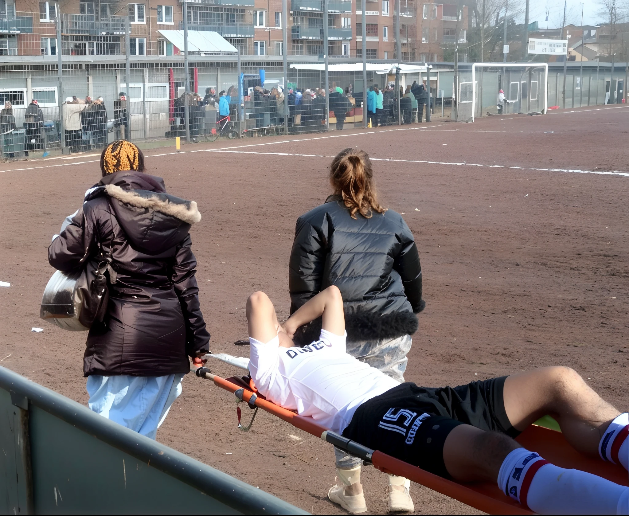 There is a man lying on his back on a stretcher with his hands covering his face, a man in a t-shirt and sports shorts has put his hands over his face, the man has his agonised face looking to the sky, two horny looking women are seen from behind in very shiny coats, there are seen two women from behind wearing laquered puffy coats, pityful women are walking in wetlook puffy coats, several women walking around a football field with an injured athlete on a stretcher, the injured athlete on the stretcher is grabbing his injured leg with both hands, the women look very worried, behind the women there is a frightening atmosphere, there is heavy rainfall in the background, video still, behind the scenes, pity, china, erotic, horny, drama, women in shiny coats are carrying a man on a stretcher in a field, football hooligans, over-shoulder shot, on a soccer field, very sad, sad scene, realistic scene, injured, on the field, photo taken from behind, over the shoulder shot, looking partly to the left, on a football field, realistic shot