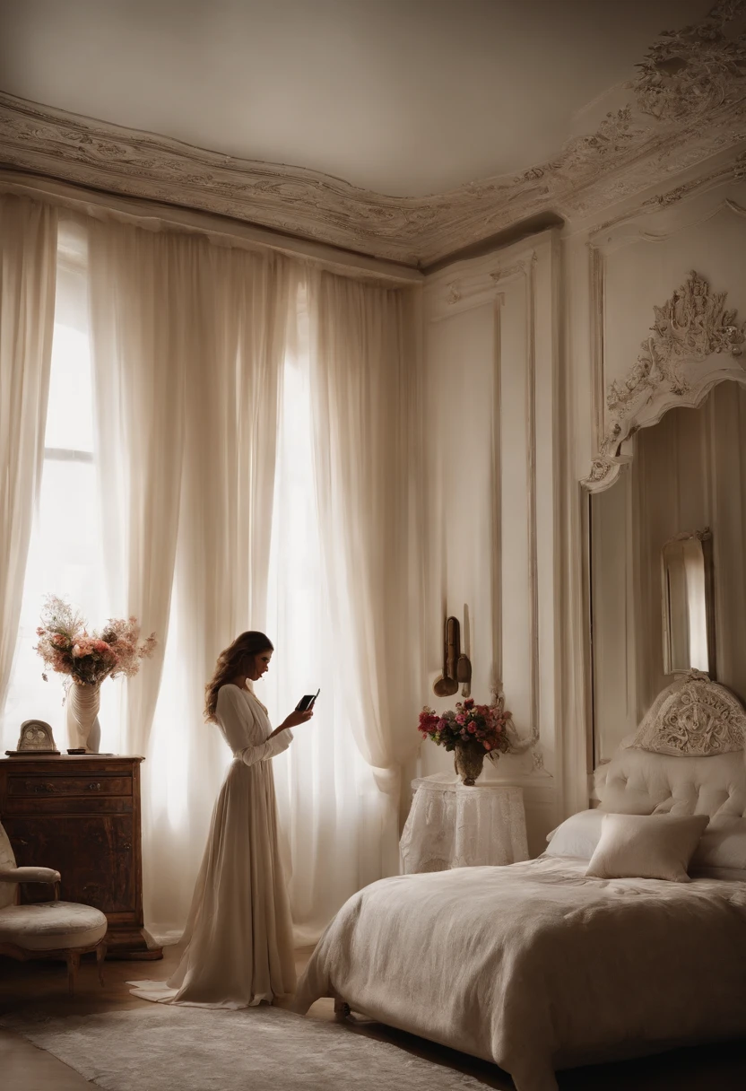Western-style room with white wallpaper　White fluttering curtains　Woman Touching Smartphone　cool