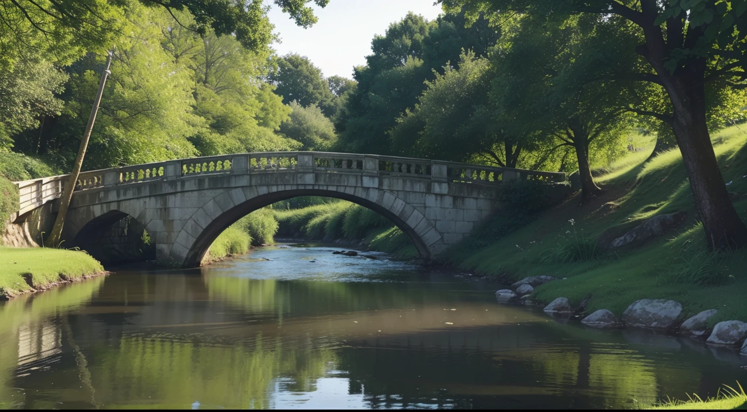 (best quality,8k,realistic:1.2),vibrant wallpaper with a tranquil river flowing under a charming bridge. The lush green grass surrounds the scene, framing a small road that leads to the bridge in the distance. The image is incredibly detailed, capturing the realistic textures of the wallpaper, water, and foliage. The colors are vivid and vibrant, bringing life to the scene. The lighting is natural and soft, adding to the overall serene atmosphere, water reflection, clear water, fishes