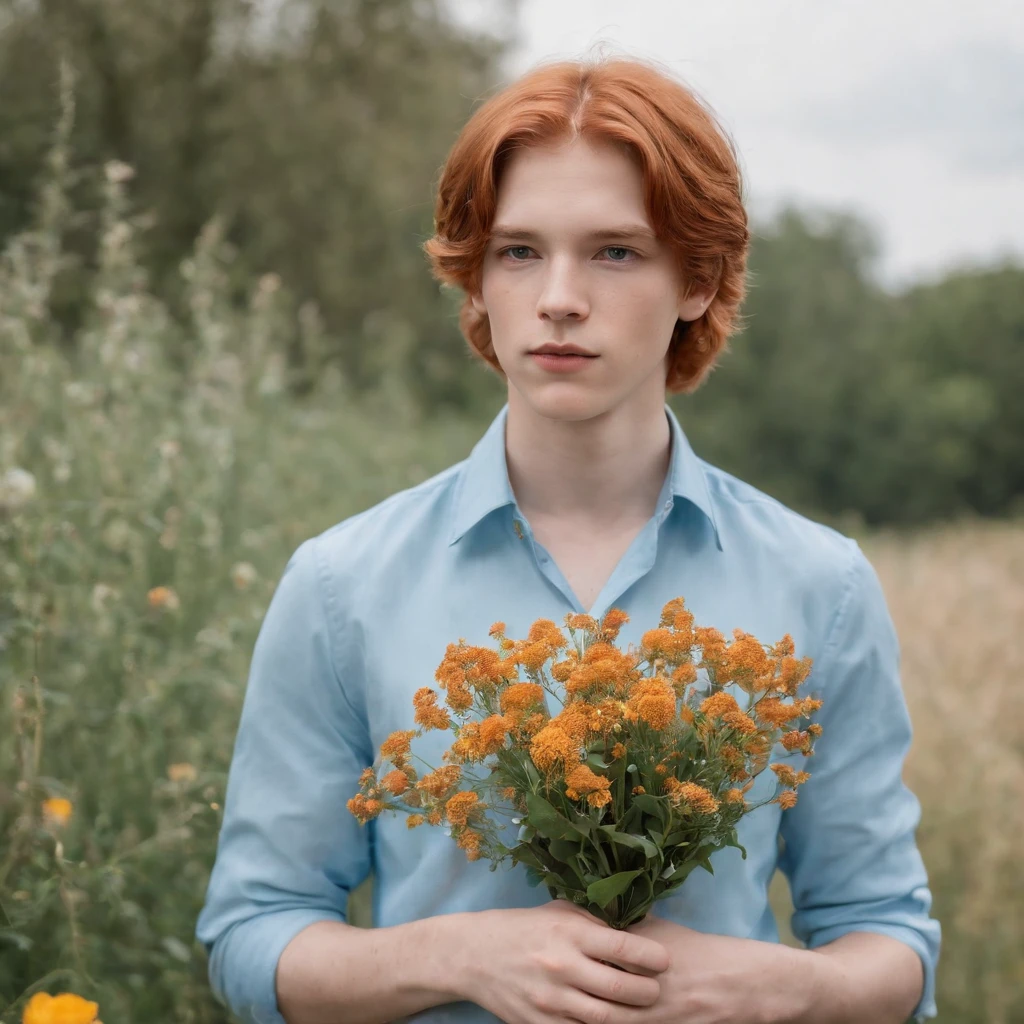 red-haired teenage boy in a sky blue formal shirt, 70s style, holding a flower in his hand, romantic look, half length shot, front lighting, background with tapestry of tiny flowers, high quality photo