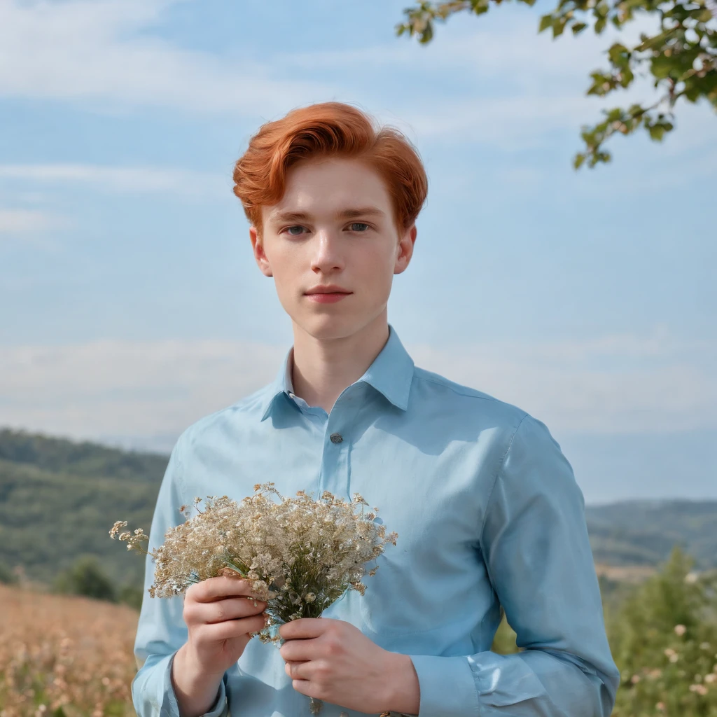 red-haired age boy in a sky blue formal shirt, 70s style, holding a flower in his hand, romantic look, half length shot, front lighting, background with tapestry of tiny flowers, high quality photo