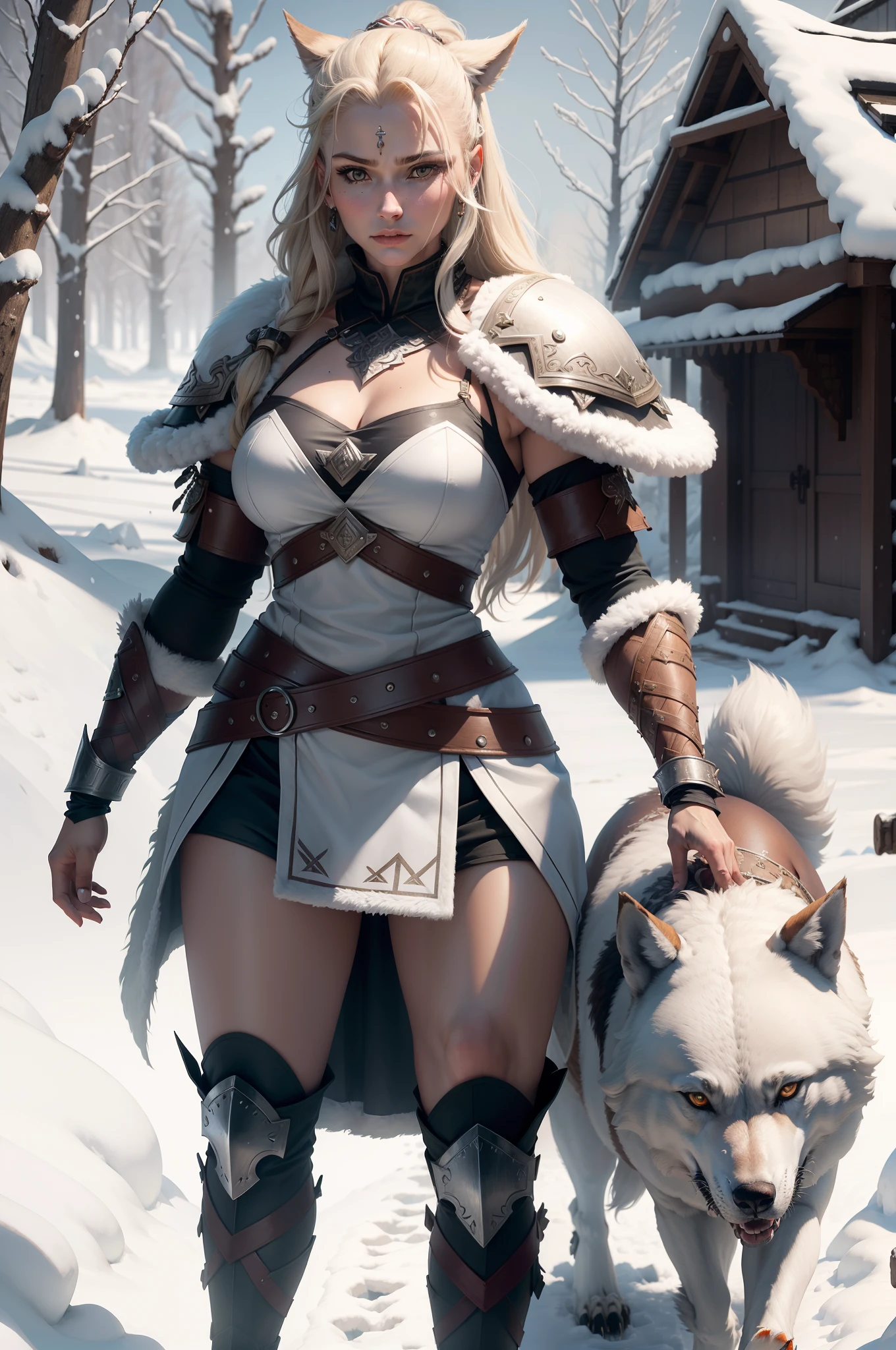 arafed woman walking with a dog in the snow, north female warrior, north adult female warrior, warrior woman, a very beautiful berserker woman, wolfgirl, a beautiful woman warrior, norse goddess, female anthropomorphic wolf, female viking, barbarian warrior woman, female warrior, norse warrior, very beautiful female barbarian, wearing intricate fur armor, warrior girl