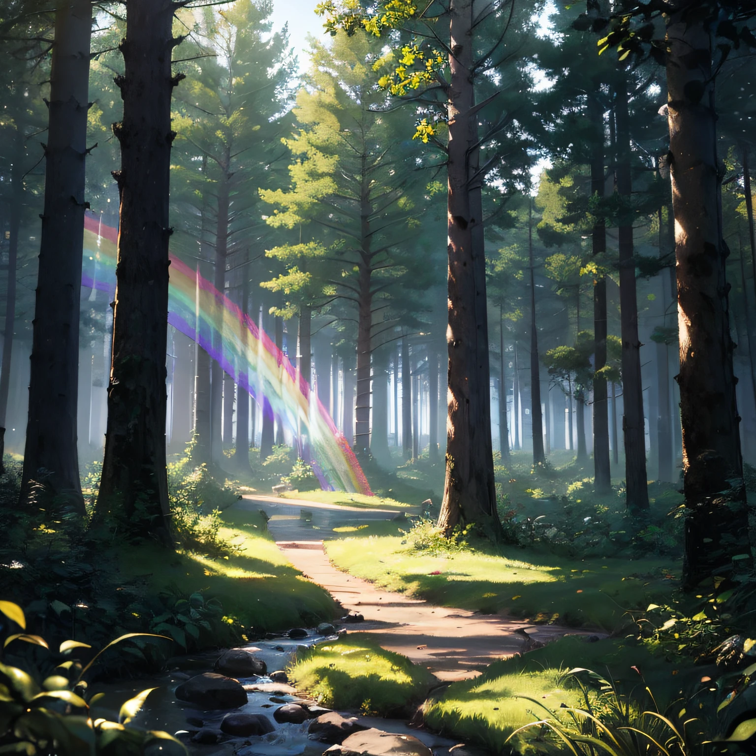 A high resolution, Ultra detailed, (No Man:1.3), Break , Create an image using the rainbow prism effect, Light refraction，Creates an ethereal cinematic look. Break , Design images with cinema lenses , capturing a wide field of view with a distinctive, curved perspective. Break , Capture a forest path, with towering trees, Dappled sunlight, and a sense of tranquility and natural beauty. Break , Depict an ethereal world, Use only ethereal black shades, White, and gray for depth, Emotion, and a striking visual impact
