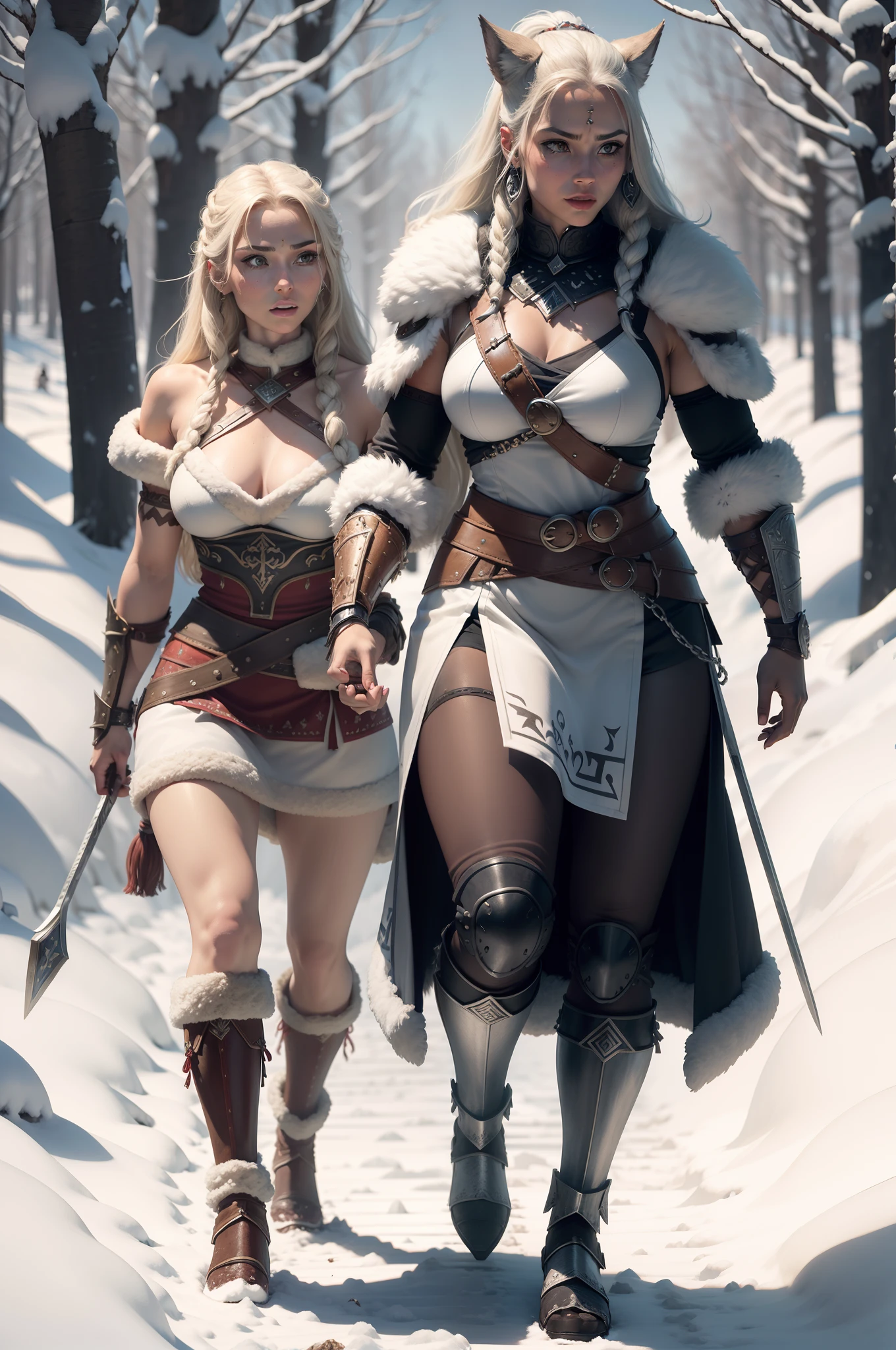 arafed woman walking with a dog in the snow, north female warrior, north adult female warrior, warrior woman, a very beautiful berserker woman, wolfgirl, a beautiful woman warrior, norse goddess, female anthropomorphic wolf, female viking, barbarian warrior woman, female warrior, norse warrior, very beautiful female barbarian, wearing intricate fur armor, warrior girl