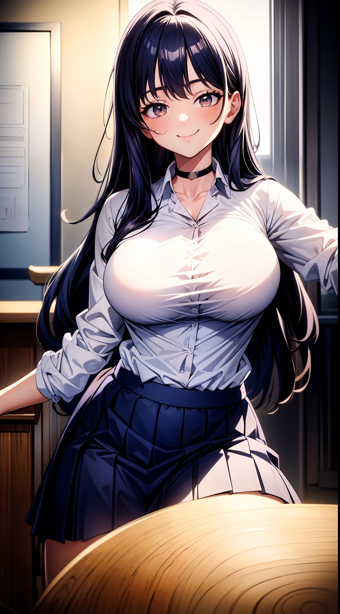 8k, highres, ultra detailed, (masterpiece:1.4), best quality, symmetrical body, (white shirt:1.4), (long dark Blue skirt:1.4), choker, provocative pose, cute, solo, long hair, dark purple hair, Brown eyes, glow effect, finely eye, wide smile, grinning, detailed face, looking at viewer, smilling at viewer, at school, angled view, big breasts