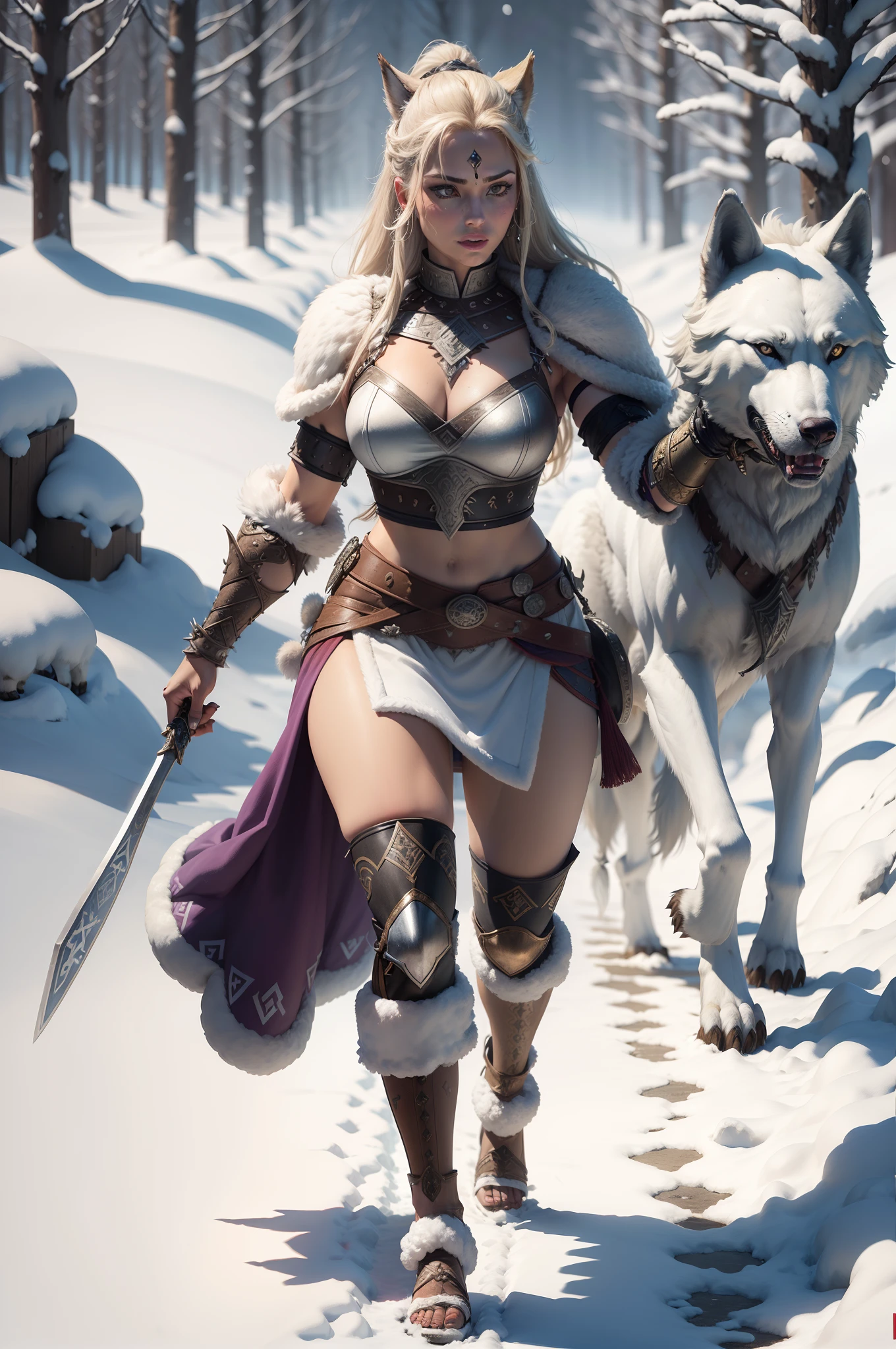 arafed woman walking with a dog in the snow, north female warrior, north adult female warrior, warrior woman, a very beautiful berserker woman, wolfgirl, a beautiful woman warrior, norse goddess, female anthropomorphic wolf, female viking, barbarian warrior woman, female warrior, norse warrior, very beautiful female barbarian, wearing intricate fur armor, warrior girl