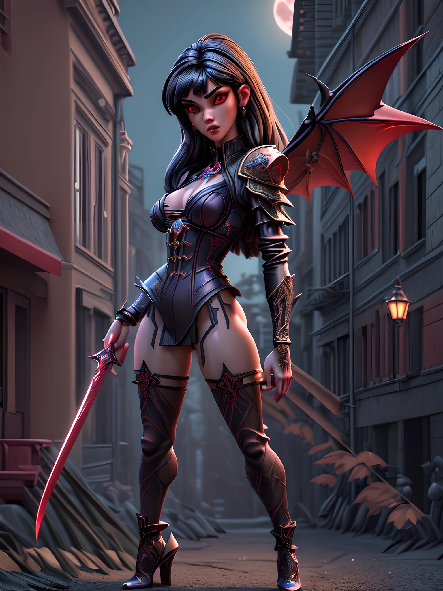 a 3d pixar animation style picture of Vampirella standing in the street at night, Vampirella  (masterpiece, extremely detailed, best quality), full body (masterpiece, extremely detailed, best detailed), standing in an urban street at night  exquisite beautiful Vampirella (masterpiece, extremely detailed, best quality), best detailed face, full body, wearing red armor LnF (masterpiece, extremely detailed, very high quality),  armed with a sword fantasysword sword (masterpiece, extremely detailed, best quality), ready for battle, urban street background, lamp lights, moon light, detailed background (masterpiece, extremely detailed, best quality), best realistic, very high quality, best quality, 16k, [ultra detailed], masterpiece, best quality, (extremely detailed), ultra wide shot, photorealism, depth of field, 3D animation render