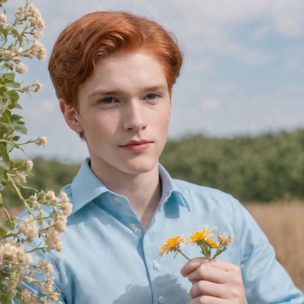 red-haired teenage boy in a sky blue formal shirt, 70s style, holding a flower in his hand, romantic look, half length shot, front lighting, background with tapestry of tiny flowers, high quality photo