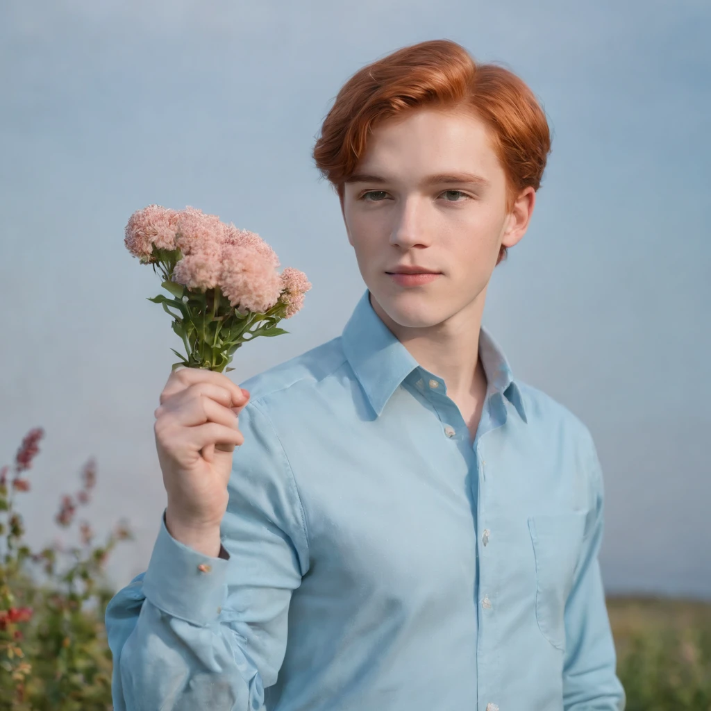red-haired age boy in a sky blue formal shirt, 70s style, holding a flower in his hand, romantic look, half length shot, front lighting, background with tapestry of tiny flowers, high quality photo