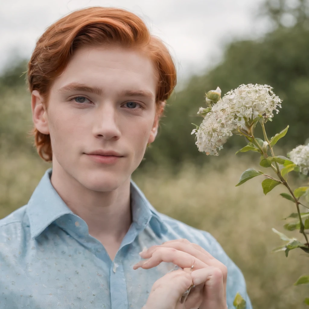 red-haired teenage boy in a sky blue formal shirt, 70s style, holding a flower in his hand, romantic look, half length shot, front lighting, background with tapestry of tiny flowers, high quality photo