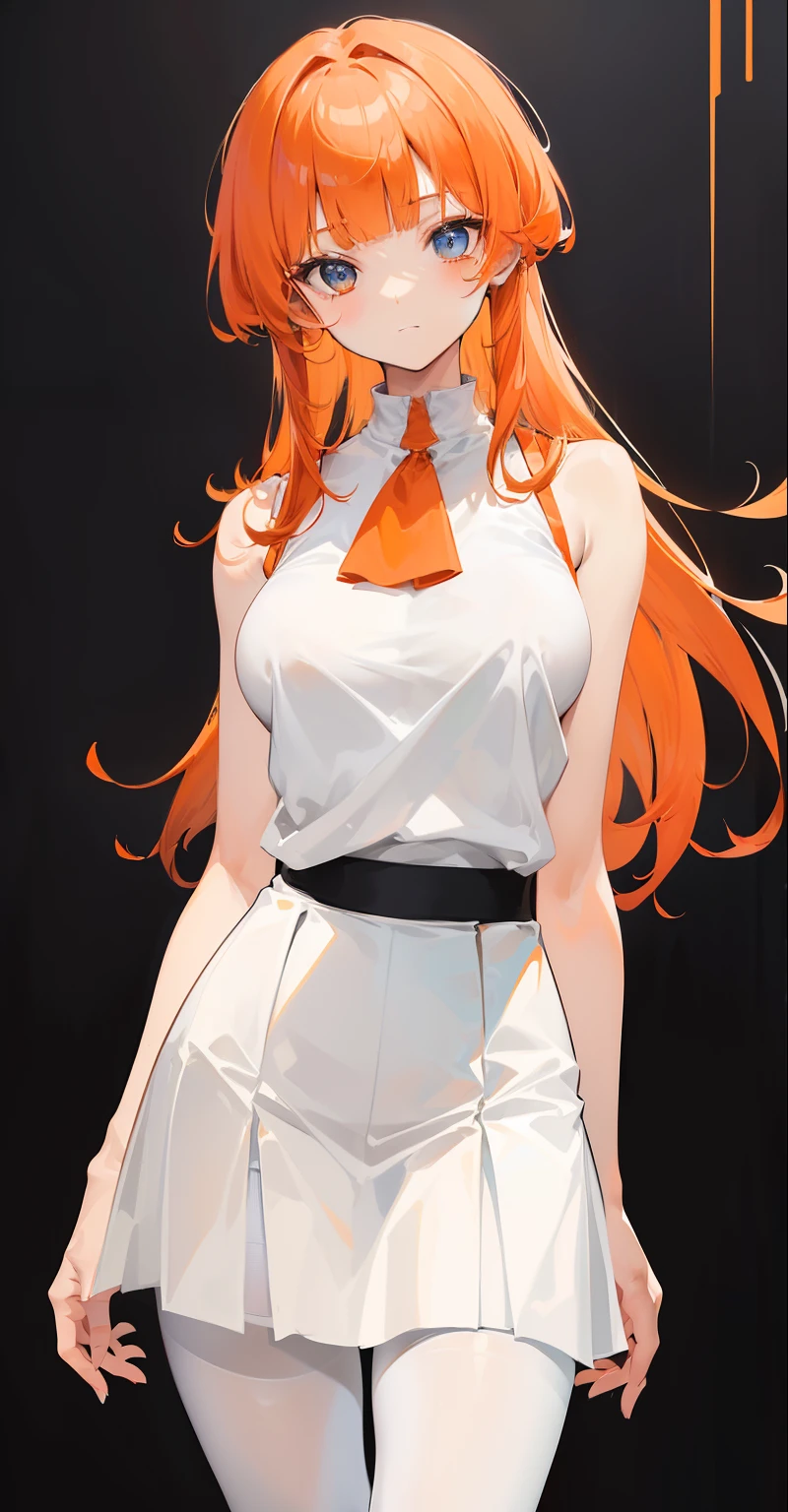 (limited palette), best quality, (((masterpiece))), (((beautiful detailed skin))), (((solo))), young mama, (((orange hair))), blue eyes, (mascara), blunt bangs, long hair, (medium breasts), ((white shirt)), noble, loyal, (((eye focus))), blurry background, palace background, (((looking at viewer))), upright body, (((blunt long hair))), ((sleeveless shirt)), (((head straight))), standing straight, standing with good posture and a direct look at the viewers, white dress, (Middle side), (hair orange), (((Blunt bangs))), ((Orange hair)), Front body Posture, (((Front of body))), (((Good Posture Front Body))), Patterned shirts, details of shirt motifs, Patterned collar, (((Middle front body))), view pantyhose stocking, straight view, froward body, (((skirt white:1.3))) black belt, (((Straight posture:1.1))), (((Middle position:1.1))), (((Hair cut to brisket:1.3))), lackluster expression, eyes as if looking at something from a distance, flat expression, no smile, (((White skirt:1.2))), (((White skirt:1.1))), (((sleeveless shirt))), (((Middle standing straight body posture:1.1))), (((Middle standing straight body posture:1.2))), (((Middle standing straight body posture:1.3))), (((White Pantyhose stocking:1.2))), (((Standing on Middle view:1.3))), (((Straight body:1.2))), (((Tall body))), (((Straight head))), ((Erect body)),