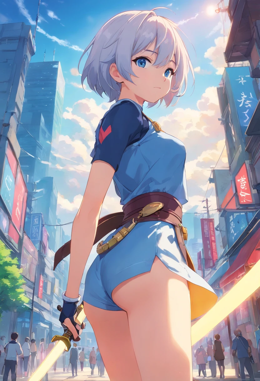 (Masterpiece, Best quality:1.1), thief (DQ3), 1girll, Solo, Short hair, White hair, Blue eyes, Medium breasts, Pink gloves, jewelry, pearls necklace, Earrings, belt, sword, Yellow cuirass, Black bodysuit, bag, (coin, Hip sword:1.2), (Dutch angle, Dynamic pose, From the side Side:1.3), (Blue skies, Nature:1.2)