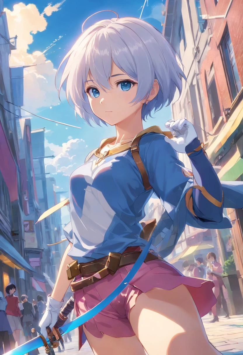 (Masterpiece, Best quality:1.1), thief (DQ3), 1girll, Solo, Short hair, White hair, Blue eyes, Medium breasts, Pink gloves, jewelry, pearls necklace, Earrings, belt, sword, Yellow cuirass, Black bodysuit, bag, (coin, Hip sword:1.2), (Dutch angle, Dynamic pose, From the side Side:1.3), (Blue skies, Nature:1.2)