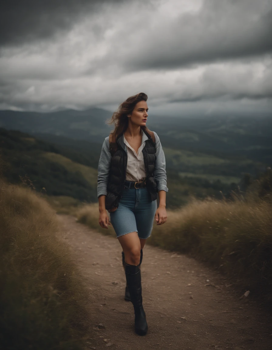 young woman dressed in 80s fashion, hiking, cloudy day, half length shot, high quality photo.