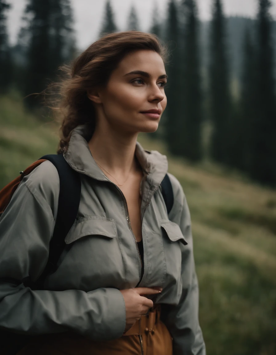 young woman dressed in 80s fashion, hiking, cloudy day, half length shot, high quality photo.