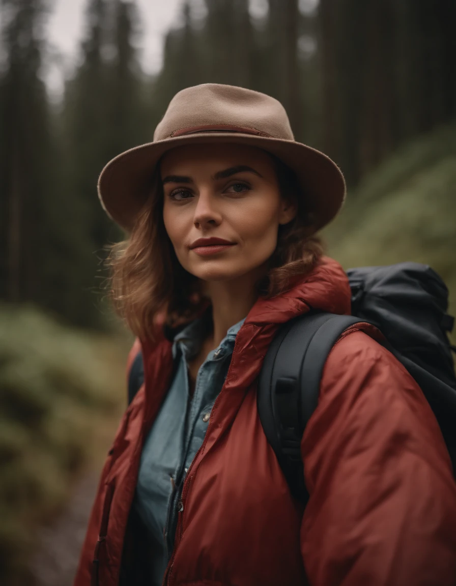 young woman dressed in 80s fashion, hiking, cloudy day, half length shot, high quality photo.