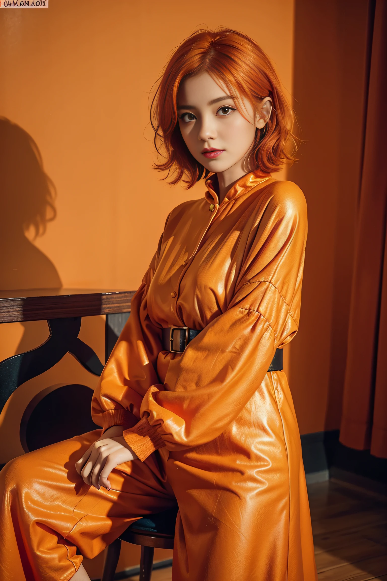 one-girl,frock,Fairy tale town,Paint coating,plethora of colors,a warm color palette,8K,Orange clothes,Orange hair,short detailed hair,(NSFW:1.1),