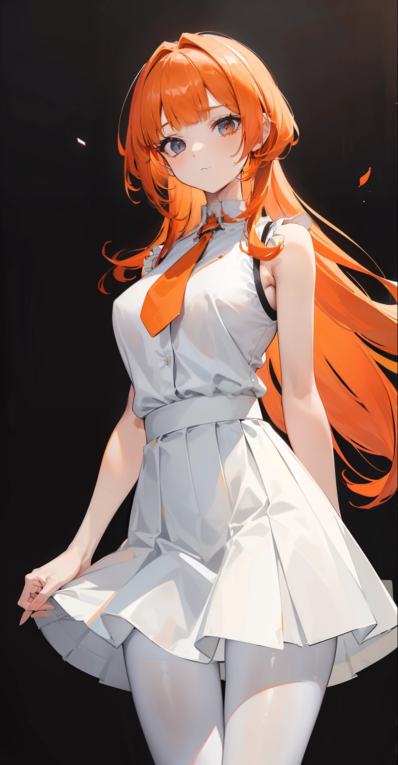 (limited palette), best quality, (((masterpiece))), (((beautiful detailed skin))), (((solo))), young mama, (((orange hair))), blue eyes, (mascara), blunt bangs, long hair, (medium breasts), ((white shirt)), noble, loyal, (((eye focus))), blurry background, palace background, (((looking at viewer))), upright body, (((blunt long hair))), ((sleeveless shirt)), (((head straight))), standing straight, standing with good posture and a direct look at the viewers, white dress, (Middle side), (hair orange), (((Blunt bangs))), ((Orange hair)), Front body Posture, (((Front of body))), (((Good Posture Front Body))), Patterned shirts, details of shirt motifs, Patterned collar, (((Middle front body))), view pantyhose stocking, straight view, froward body, (((skirt white:1.3))) black belt, (((Straight posture:1.1))), (((Middle position:1.1))), (((Hair cut to brisket:1.3))), lackluster expression, eyes as if looking at something from a distance, flat expression, no smile, (((White skirt:1.2))), (((White skirt:1.1))), (((sleeveless shirt))), (((Middle standing straight body posture:1.1))), (((Middle standing straight body posture:1.2))), (((Middle standing straight body posture:1.3))), (((White Pantyhose stocking:1.2))), (((Standing on Middle view:1.3))), (((Straight body:1.2))), (((Tall body))), (((Straight head))), ((Erect body)),