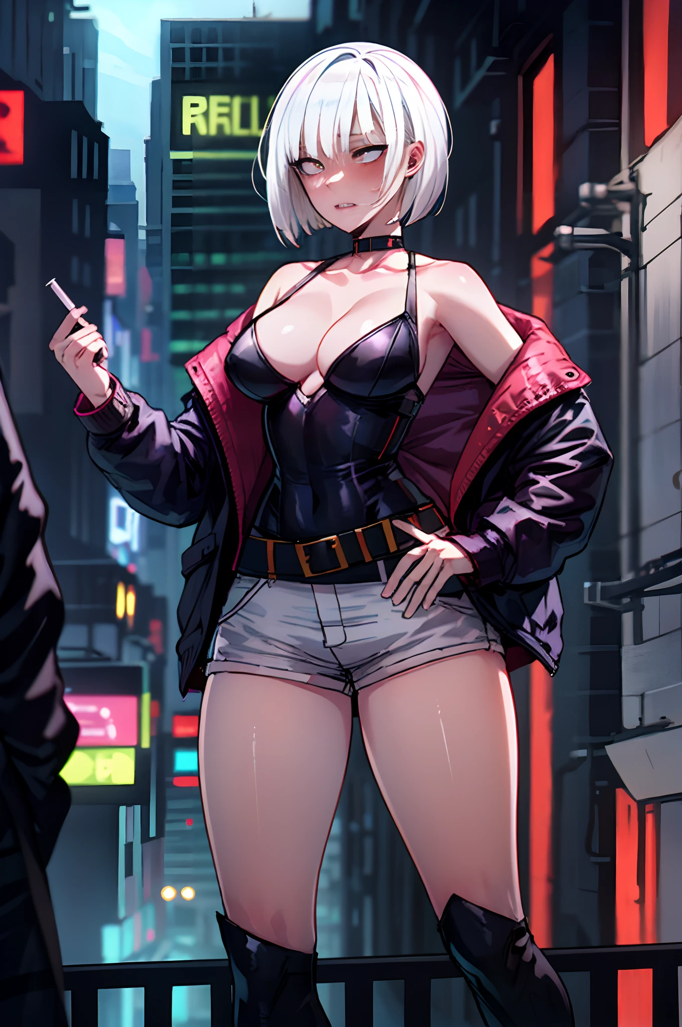((1 girl:1.4)), ((masterpiece)),absurdres, highres, best quality, (blush:1.3), ratatatat74, masterpiece, best quality, highres, lucy \(cyberpunk\), thighs, serious face, abs, indoors, seductive stance, detailed face, detailed eyes, thick outlines, comics, masterpiece:1.2, bare shoulders, belt, black belt, black leotard, black pants, blurry, bob cut, breasts, building, clothing cutout, cropped jacket, cyberpunk, depth of field, from side, gradient eyes, grey eyes, grey hair, holding, holding cigarette, jacket, leotard, lips, long sleeves, looking afar, looking ahead, mechanical parts, medium breasts, multicolored eyes, multicolored hair, night, night sky, off shoulder, open clothes, open jacket, outdoors, pants, parted lips, railing, red eyeliner, science fiction, short hair with long locks, short shorts, shorts, sidelocks, solo, standing, teeth, thigh cutout, upper teeth only, white jacket, white shorts, cyberpunk \(series\), cyberpunk edgerunners