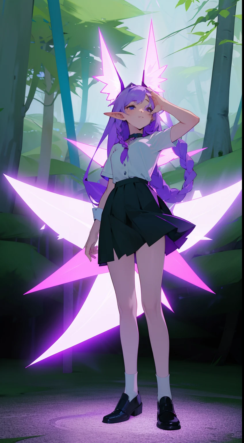 1girl,20s,solo,shy face,white shirt,black skirt,small tits,light purple hair,long hair,braided hair,4 purple luminous wings,blue eyes,,elves ears,(((standing in front of a forest)))